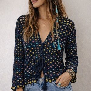 Vintage Navy Crochet Cardigan with Multicolor Accents